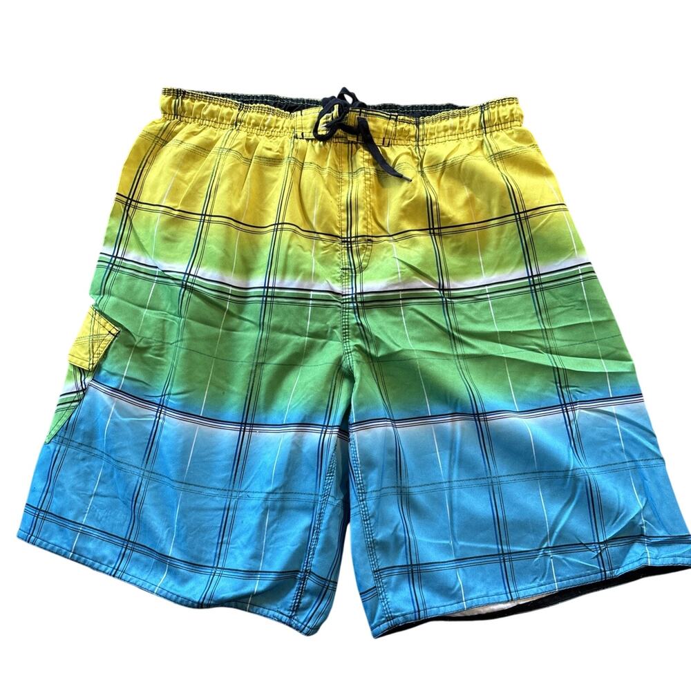 Multicolored Triangle swim shorts in size large, made of 100% polyester